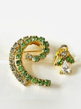 Gold-Tone Green Crystal Rhinestone Spiral Brooch with Matching Angel Pin